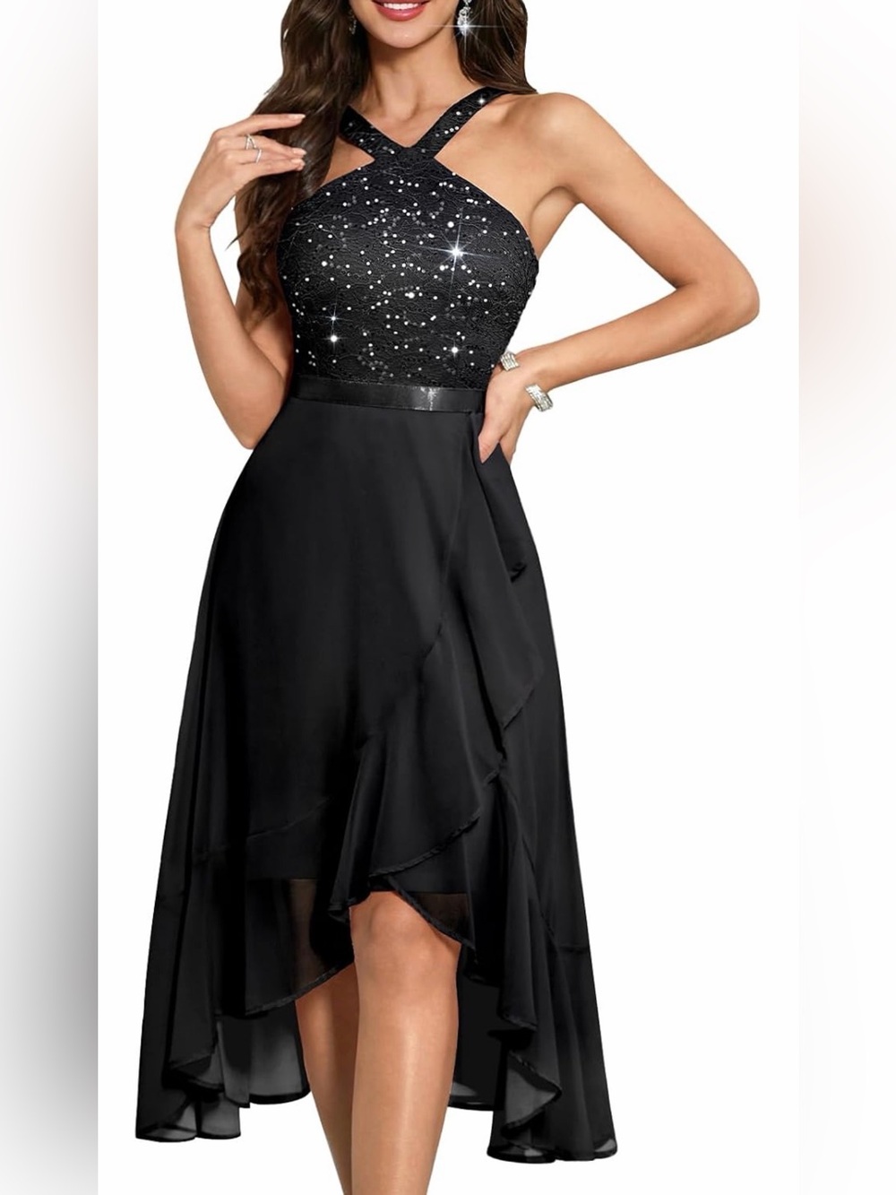 NWT Sequin Halter High-Low Dress in Black Formal Evening, Medium